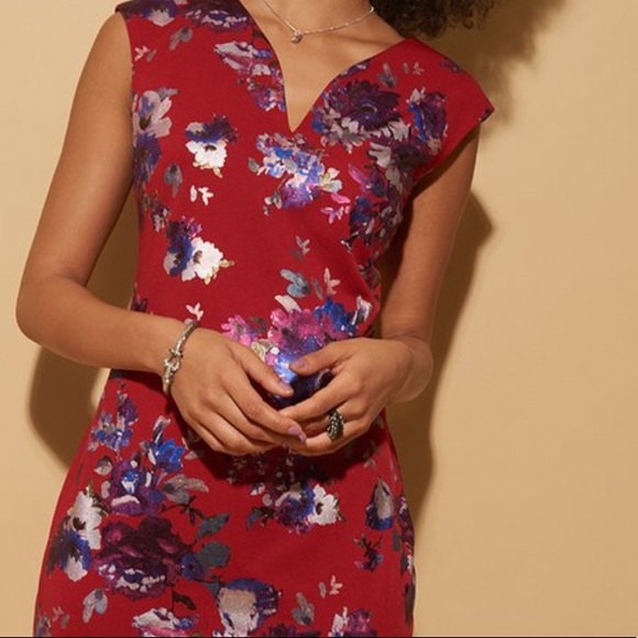 Foil printed V neck scuba sheath midi dress - Picture 3 of 4